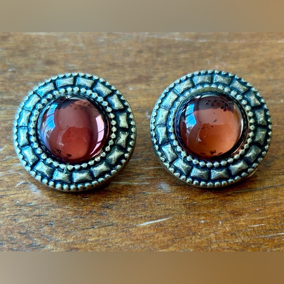 Jewelry - Vintage Ciner-like large Clip-on Earrings with Round Cabochon Amber Color Stone